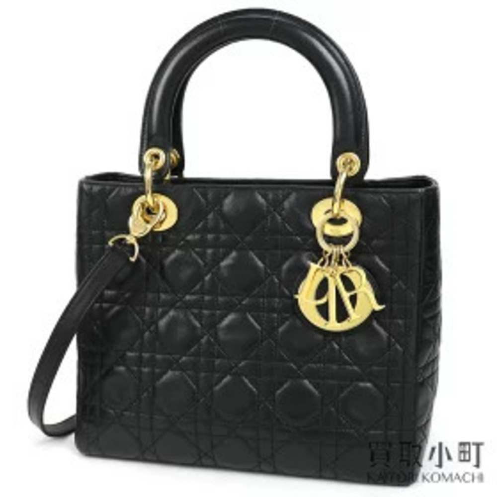 Dior Christian Lady Handbag Cannage Stitch Black Lambskin Charm LADYDIOR Noir